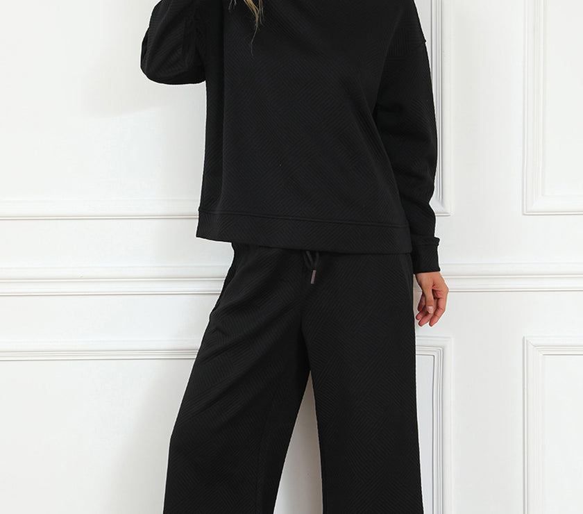 Double Take Full Size Textured Long Sleeve Top and Drawstring Pants Set