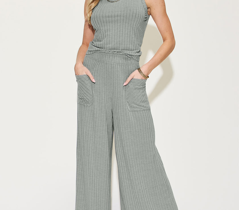 Basic Bae Full Size Ribbed Tank and Wide Leg Pants Set