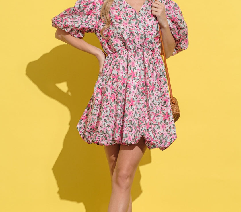 And The Why Full Size Floral Surplice Puff Sleeve Dress