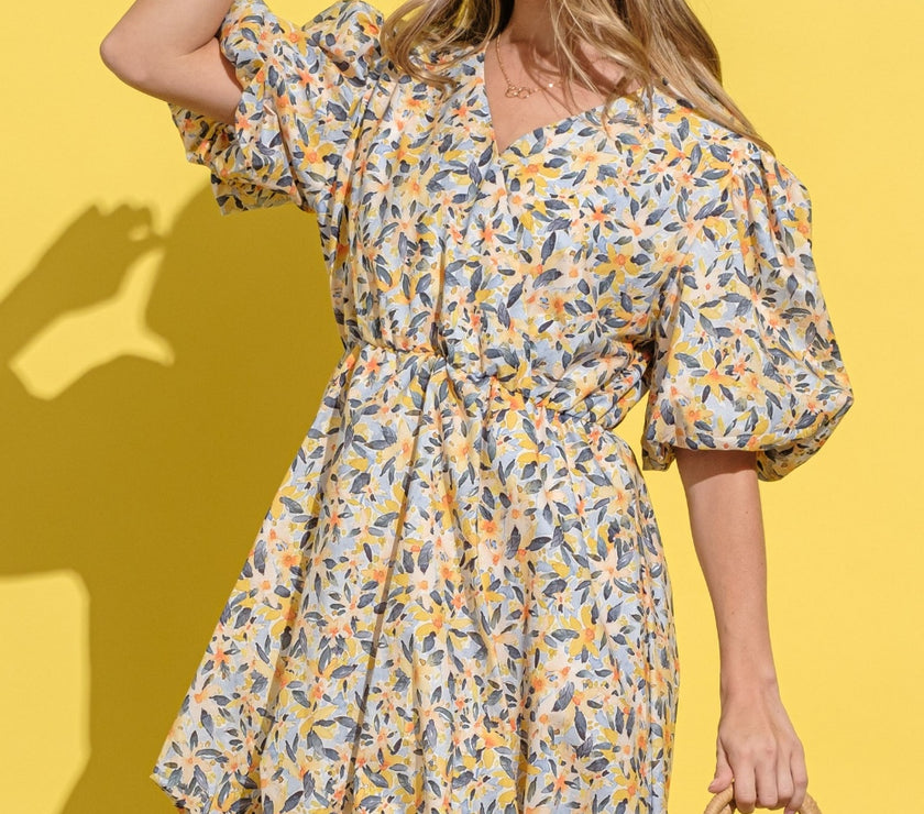 And The Why Full Size Floral Surplice Puff Sleeve Dress