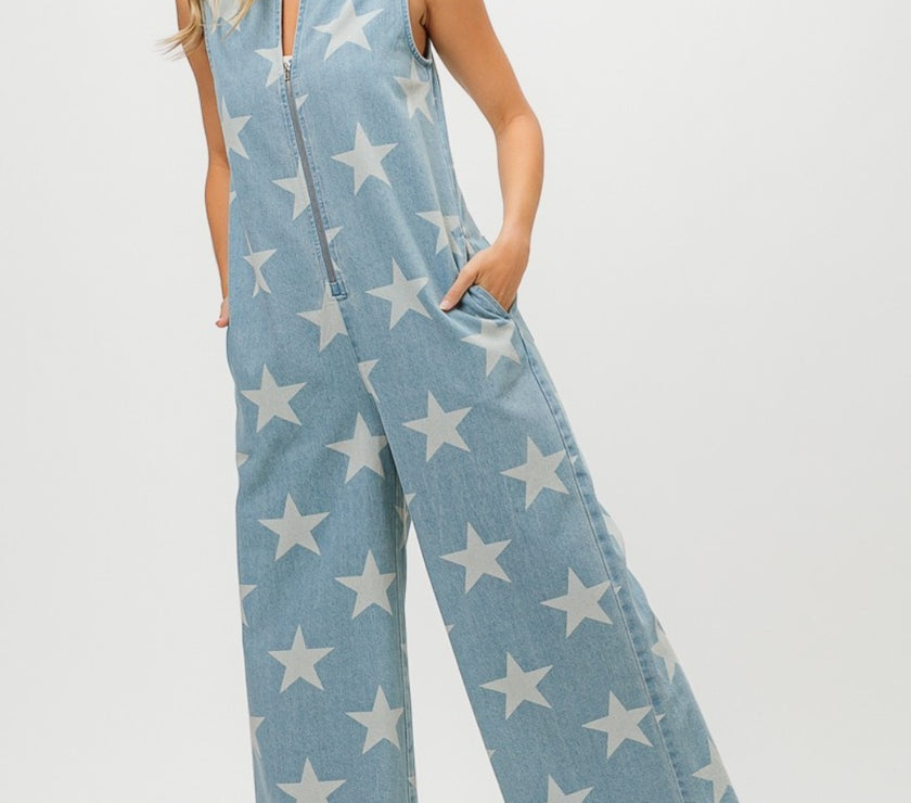 BiBi Star Print Half Zip Sleeveless Denim Jumpsuit