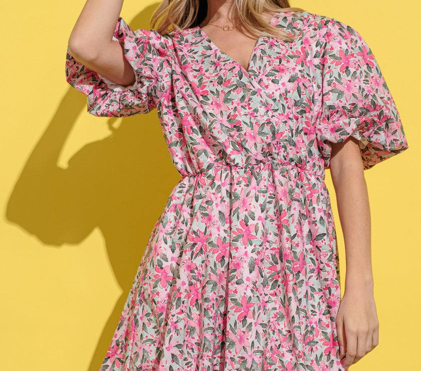 And The Why Full Size Floral Surplice Puff Sleeve Dress