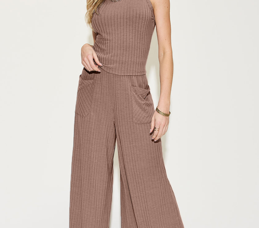 Basic Bae Full Size Ribbed Tank and Wide Leg Pants Set