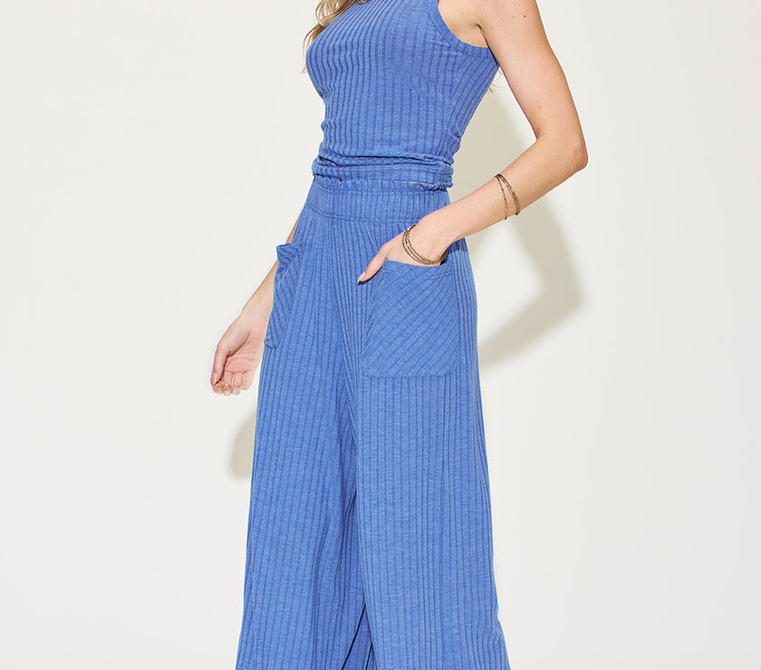 Basic Bae Full Size Ribbed Tank and Wide Leg Pants Set