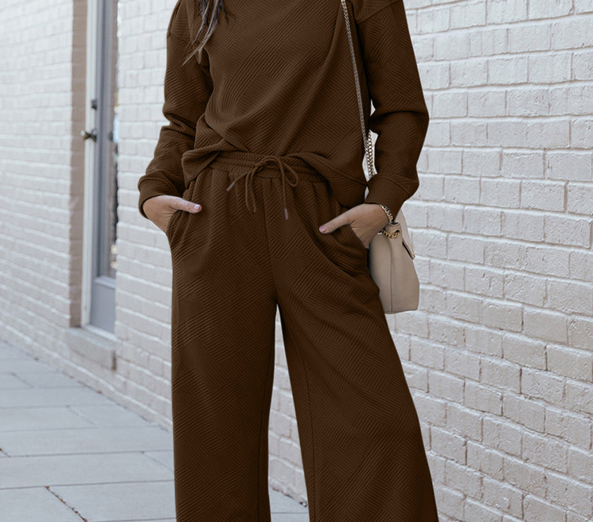 Double Take Full Size Textured Long Sleeve Top and Drawstring Pants Set