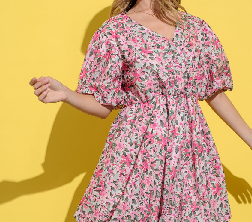 And The Why Full Size Floral Surplice Puff Sleeve Dress