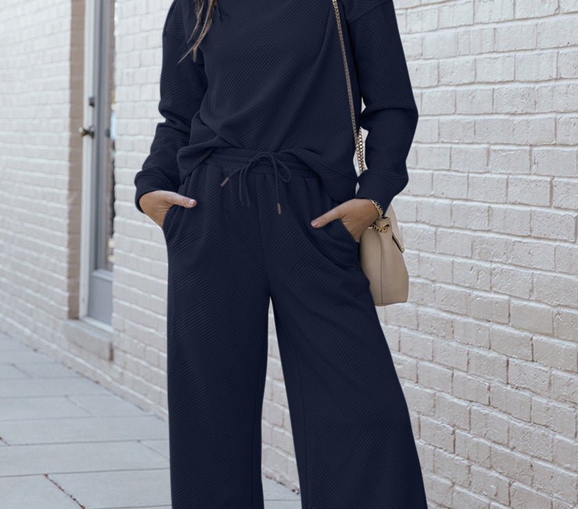 Double Take Full Size Textured Long Sleeve Top and Drawstring Pants Set