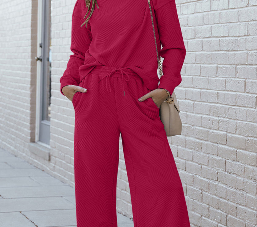 Double Take Full Size Textured Long Sleeve Top and Drawstring Pants Set