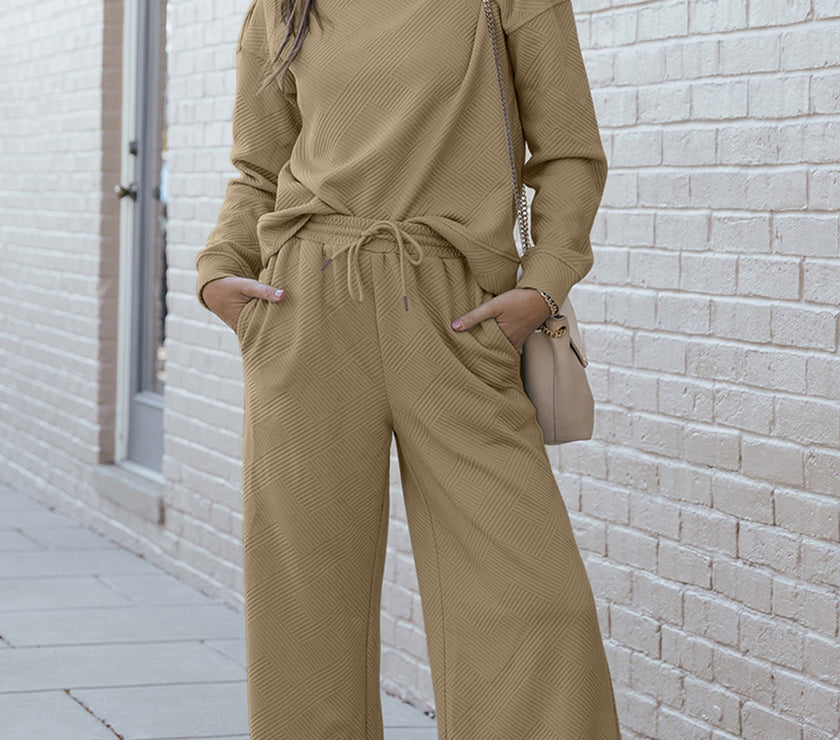 Double Take Full Size Textured Long Sleeve Top and Drawstring Pants Set