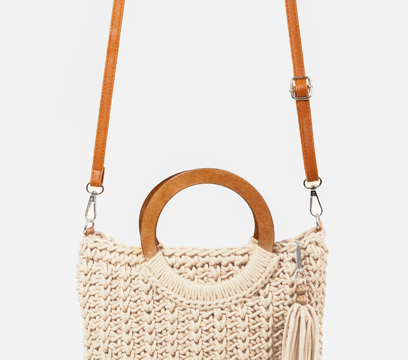 Fame Crochet Knit Convertible Tote Bag with Tassel