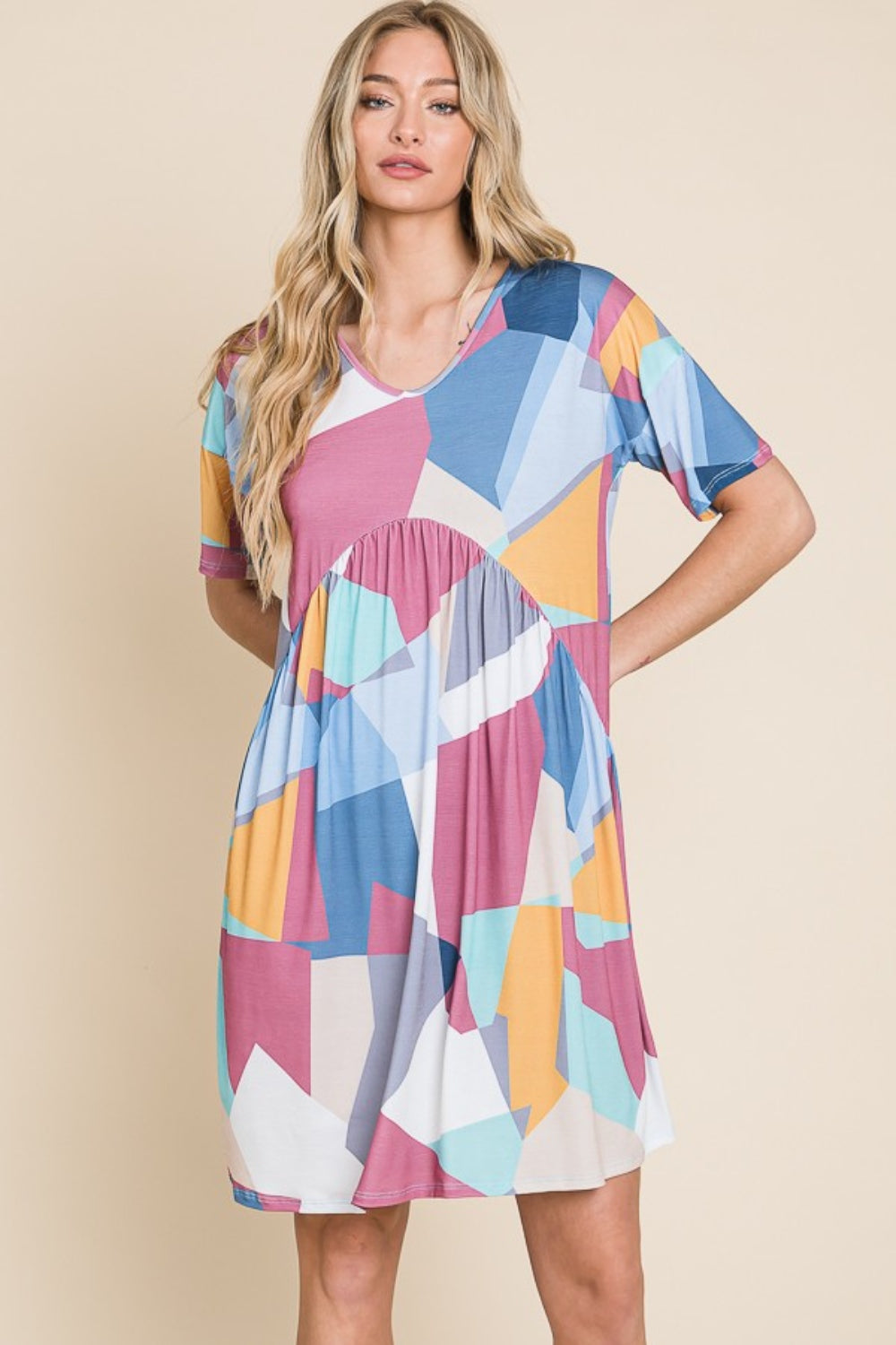 BOMBOM Ruched Color Block Short Sleeve Dress