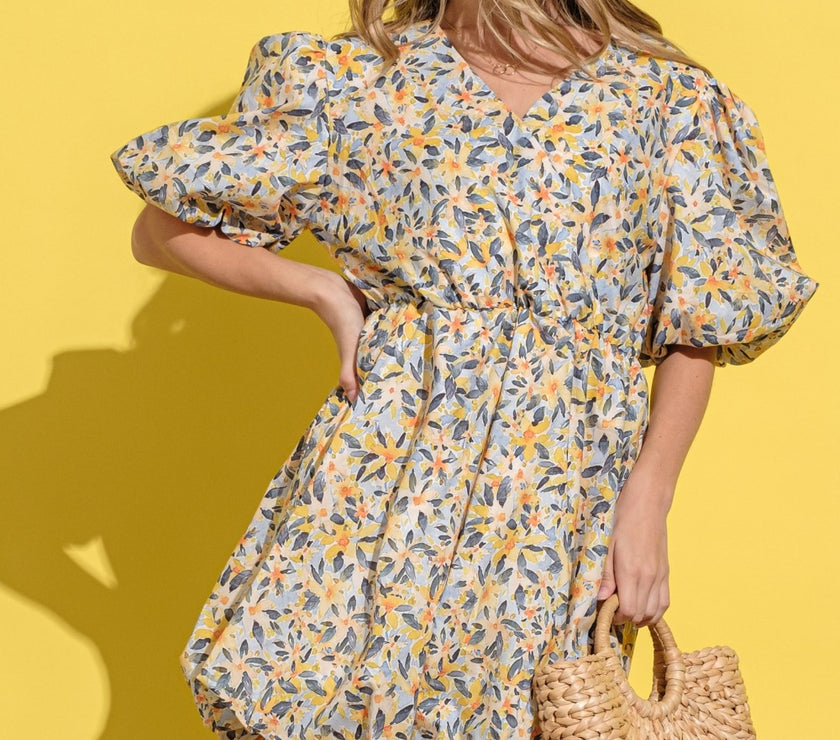 And The Why Full Size Floral Surplice Puff Sleeve Dress