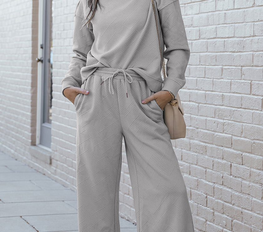 Double Take Full Size Textured Long Sleeve Top and Drawstring Pants Set