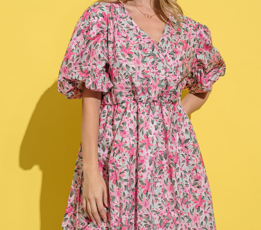 And The Why Full Size Floral Surplice Puff Sleeve Dress