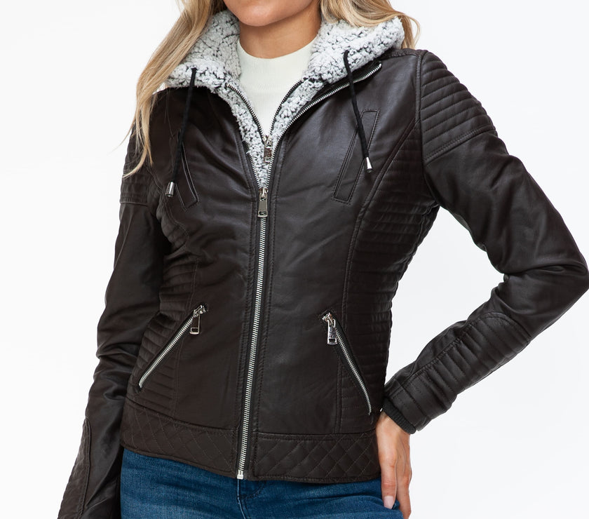 YMI Faux Layered Double-Zipper Jacket with Fuzzy Hood