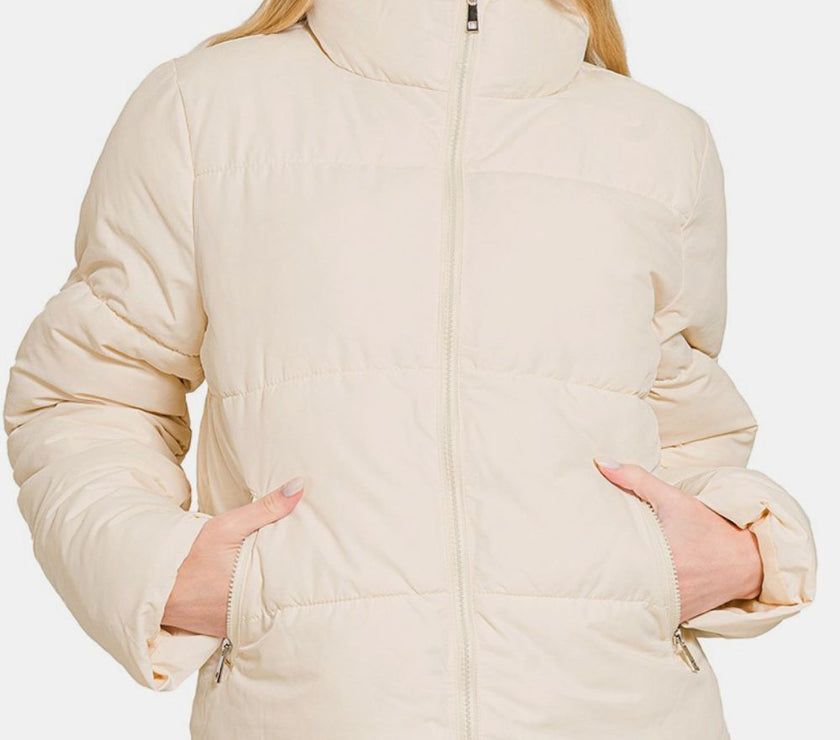 Zenana Zip Up Turtleneck Puffer Jacket with Pockets