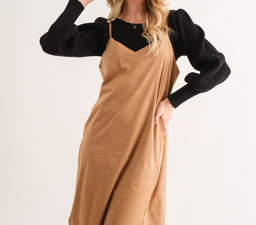 And The Why Faux Suede Cut Edge Slit Cami Midi Dress