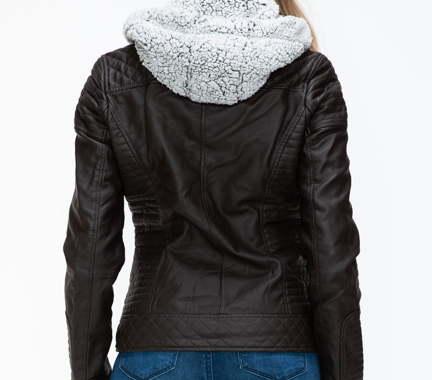 YMI Faux Layered Double-Zipper Jacket with Fuzzy Hood